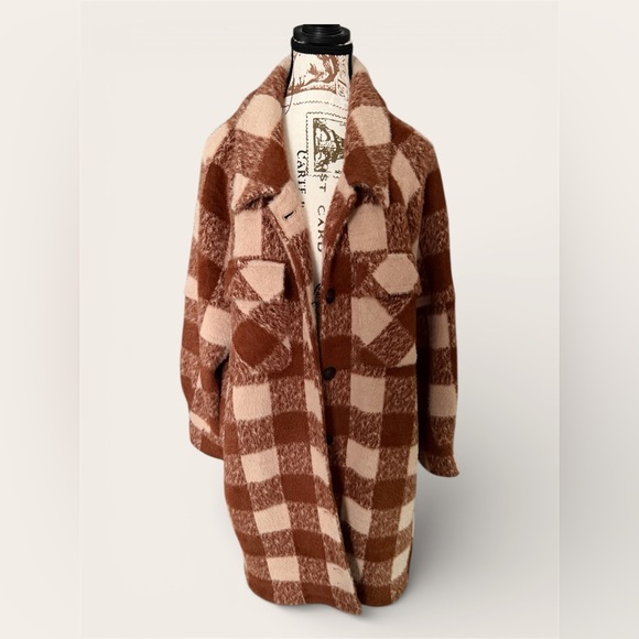 Greylin Jackets & Blazers - Greylin by Anthropologie Checkered Teddy Jacket in Burnt Orange and Cream